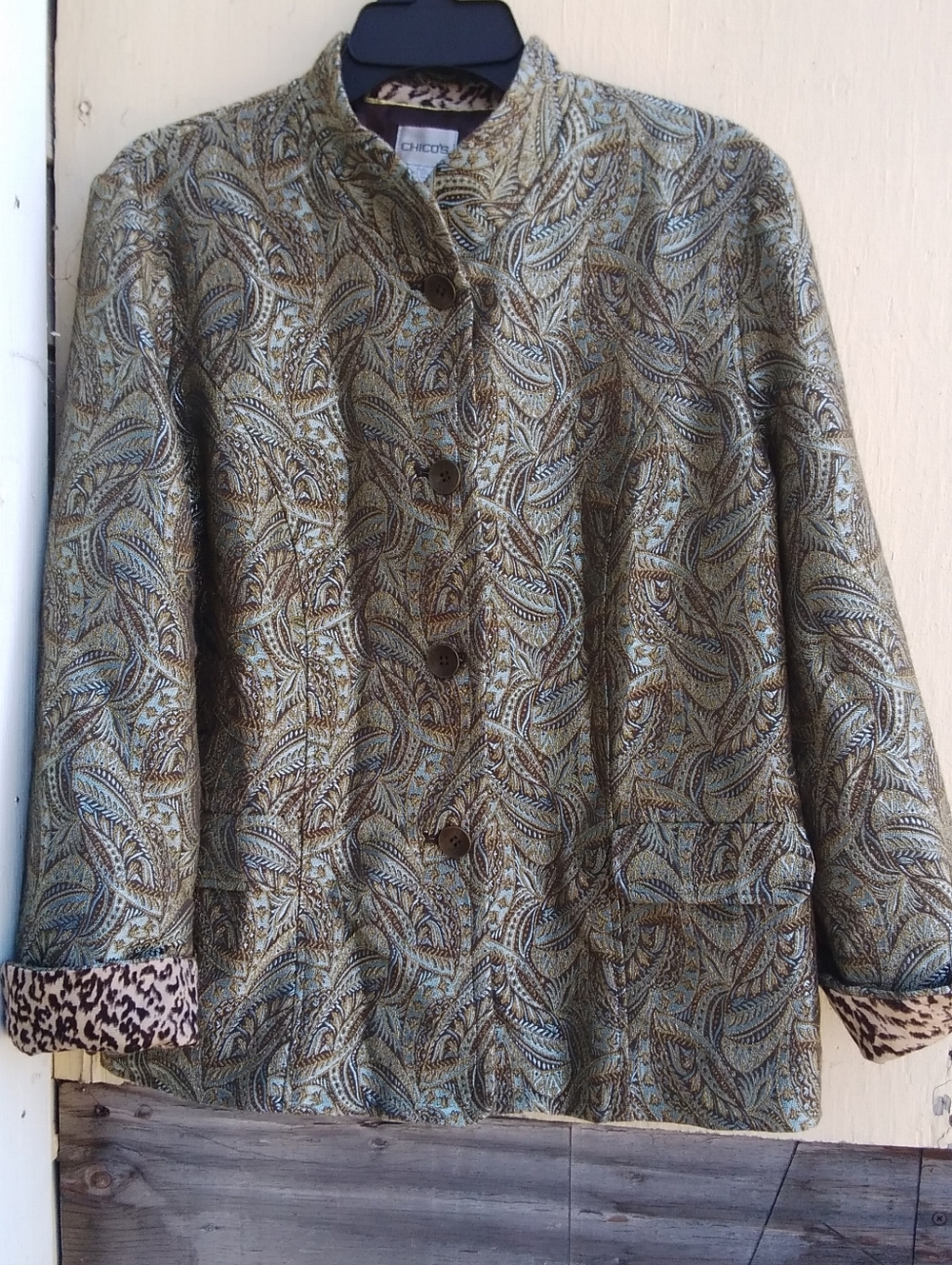 Chico's Jacket Metallic Brocade Tapestry Womens 2/Large Retro Gold Green